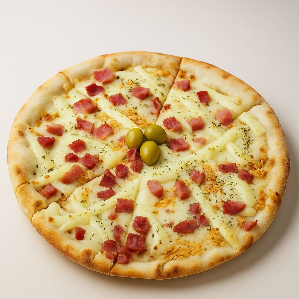 Pizza tradicional Radu, massa artesanal assada em forno